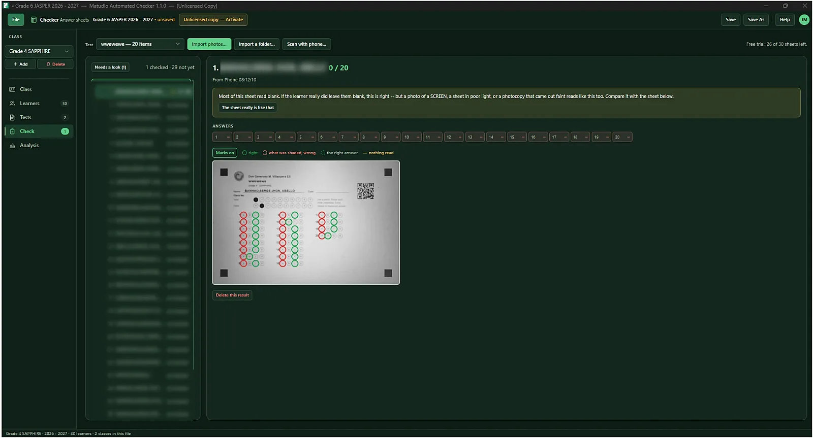 Scanned Sheet Image: Shows a scanned paper multiple-choice answer sheet overlayed with system detection circles in green and red