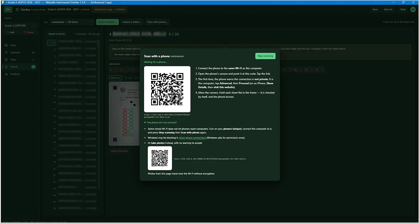 Offers a secondary QR code mapping to local network for taking photo uploads over unencrypted Wi-Fi.