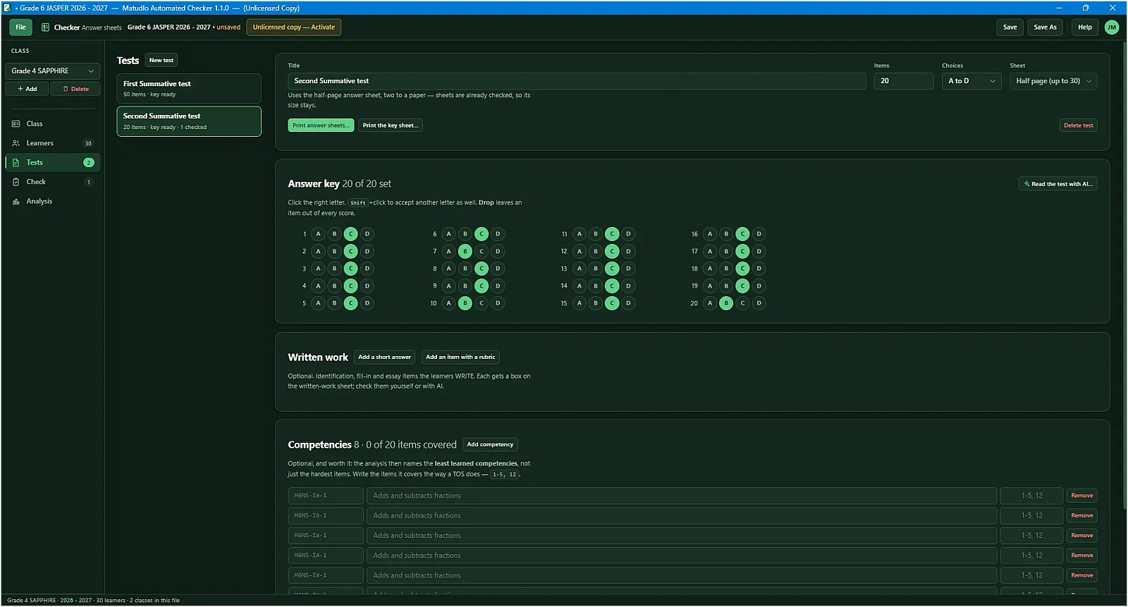 Test Management Hub: Easily configure test details, customize visual answer keys (with AI key capture), integrate written items, and align questions with learning competencies.