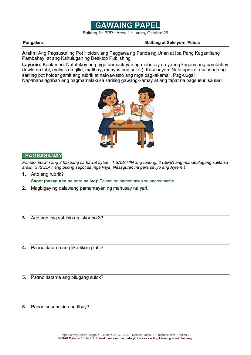 Grade 5 EPP Term 2 Week 7: Pagsusuri ng Proyekto at Desktop Publishing